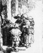 REMBRANDT Harmenszoon van Rijn Beggars receiving alms at the door of a house oil on canvas